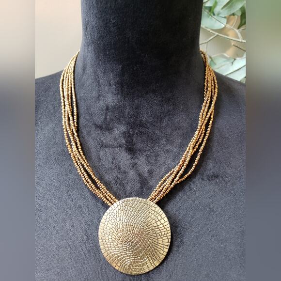 Womens Multi Strand Metal Gold Seed Beads Disk Pendant Necklace with Lobster - Picture 1 of 7
